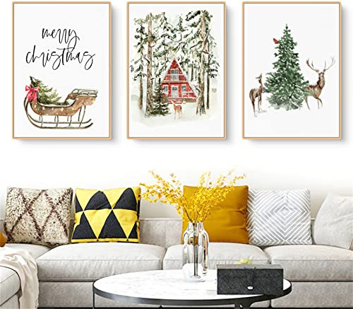 Martin Kench 3er Weihnachts-Poster Set, Winter Bilder, Elch, Holzhaus, Wald Wandkunst Wandbilder Modern Wanddeko für Wohnkultur, Ohne Rahmen (B,30x40cm)