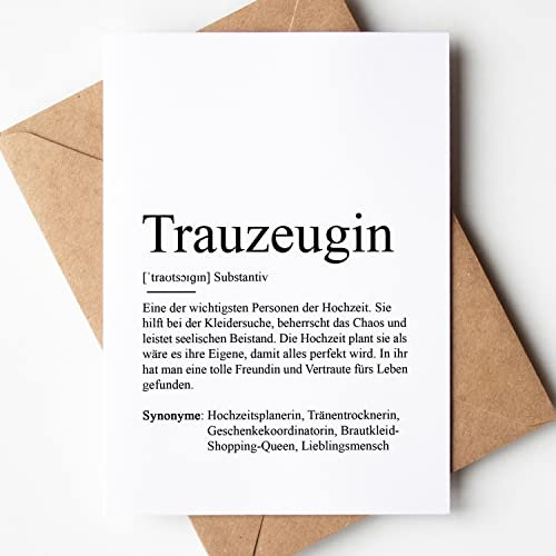 KAMEWI® Grußkarte TRAUZEUGIN Definition | Klappkarte mit Briefumschlag aus Kraftpapier | Beste Freundin Bedanken Geschenk Hochzeit Antrag Lieblingsmensch Herzensmensch Seelenverwandte