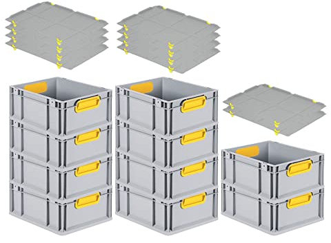 PROREGAL SuperSparSet 10x Eurobox NextGen Color mit Auflagedeckel & Schiebeschnappverschlüsse, HxBxT 17x30x40cm, 16L, Griffe gelb geschlossen, Glatter Boden, Eurobehälter Transportbox