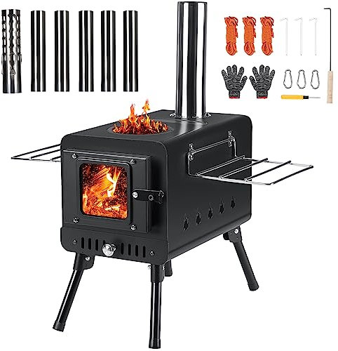DEERFAMY Gartenofen,Zeltofen Tragbarer campingofen mit klappbare Beine und 7-Schornstein für Garten,Camping,Outdoor,Zelt|Campingofen werkstattofen outdoor ofen|outdoor kocher outdoor Küche schwarz