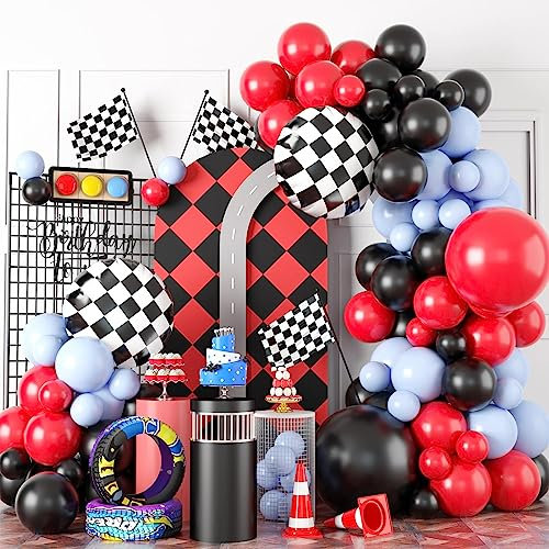 Race Car Balloon Garland Arch Kit, Red Blue Black Balloons Decorations with Checkered Flag Foil Balloons for Boys Racing Car Birthday, Baby Shower, Racecar Themed Party Decor Supplies