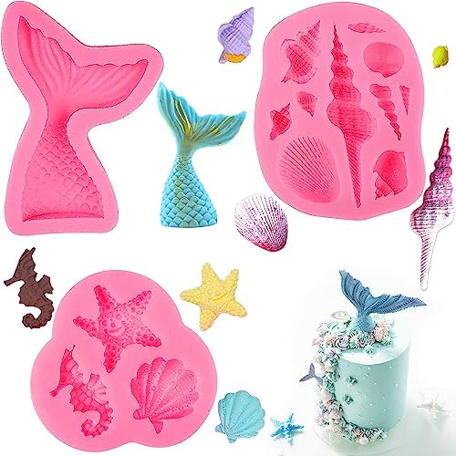 Xingrun Meerestiere Fondant Formen Silikonform Meerjungfrau Flosse 3D Ozean Silikon Backform Diy Silikon Seifenform Meerjungfrau Schwanz Silikonform Seestern Seepferdchen Muschel Fischschwanz,3 Stück