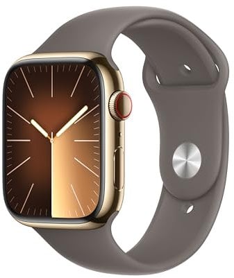 Apple Watch Series 9 (GPS + Cellular) - Caja de Acero Inoxidable en Oro de 45 mm - Correa Deportiva Color Arcilla - Talla S/M