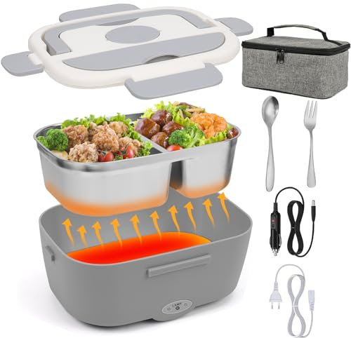 WolinTek Scaldavivande Elettrico Portatile 1,5 L, Porta Pranzo Riscaldabile 80W, Lunch Box Elettrico 12V/ 24V/ 220V per Auto, Camion, Lavoro, con Forchetta, Cucchiaio