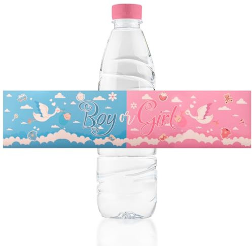 URROMA Etiquetas para botellas de agua para baby shower, 48 etiquetas de revelación de género para botellas de agua de bebé, calcomanías azules y rosas para botellas de agua para niños y niñas,