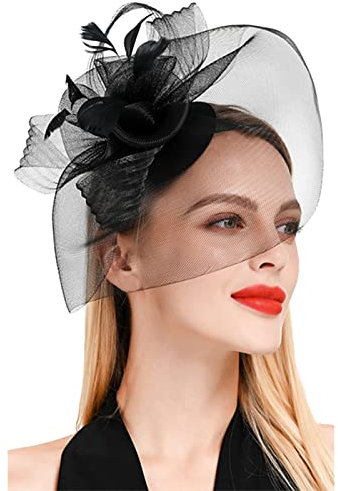 Lazzboy Fascinator Damen Schwarz Haarschmuck Kurze Haare Hut Haarbänder Blume Mesh Federn Clip Kopfschmuck Für Party Kirche Hochzeit Cocktail Jockey Club Karneval Kostüme (Schwarz)
