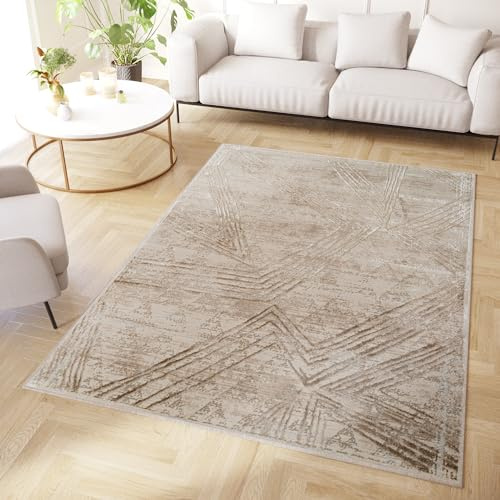TAPISO Crystal Teppich Kurzflor Creme Braun Glänzend 300 x 400 cm | Geometrisch Abstrakt Wohnzimmer Diamant Linien 3D Effekt Modern Design Schlafzimmer OEKO-TEX