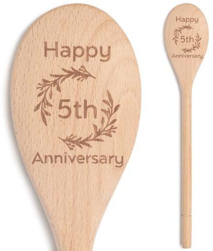 Cadeau d'anniversaire de 5 ans en bois pour elle – Cuillère en bois « Happy 5th Anniversary » - Cadeau fait à la main pour les couples, cadeau gravé pour 5e anniversaire de mariage pour femme, mari,