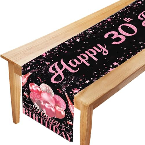 LUKIUP Chemin de Table pour 30e Anniversaire, Decoration Table Noire et Or Rose, Nappe d'anniversaire en Lin, Chemin de Table Happy Birthday pour Anniversaires 30Ème de Filles et de Femme