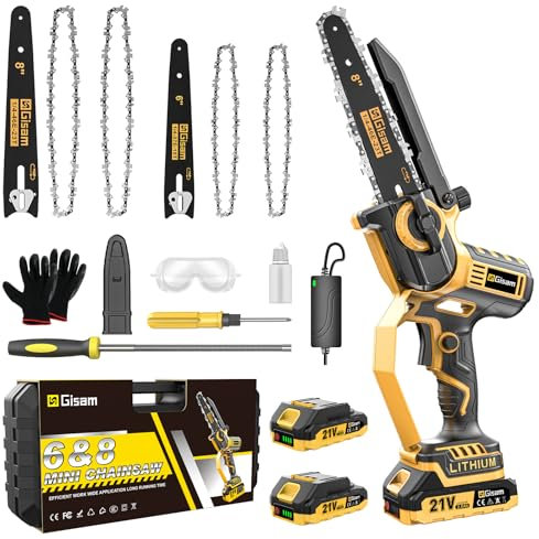 Mini Motosega a Batteria con 900W Motore Brushless,2 * 2000mah Batterie e Caricatore Rapido, 6+8 Pollici Sega Con Pompetta Olio e Blocco di Sicurezza per il Taglio del Legno e Giardini