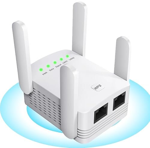 Répéteur WiFi, Booster WiFi Extender, Amplificateur de Signal WiFi, 4 antennes, 2 Ports LAN, Couverture jusqu'à 200sq Amplificateur WiFi pour la Maison et Le Bureau, Facile à,WiFi-Blanco