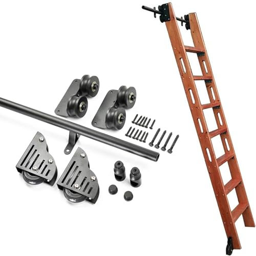 Rollbare Bibliotheksleiter-Hardware für das Home Office, schwarzes Gleitschienen-Set für Bücherregale, Robustes rundes Stahlrohr, mobiles Leiterschienenzubehör, Bodenrolle mit Bremse (ohne L