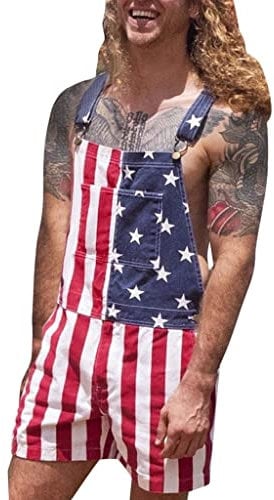 Men's American Flag Dungarees American Flag Print Shorts Adjustable Straps Jumpsuits Work Bib and Brace Overalls Playsuits Shorts Hot Pants Rave Party Clubwear with Pockets Button Casual Pants