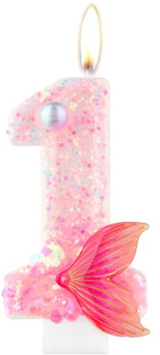 Glitter 1 Birthday Number Candle, Pink First Candle With Mermaid Tail for Cake, Boys Girls 1st Decorations, Mermaid Themed Party Supplies
