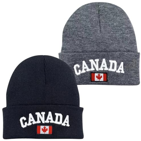 ZUYYON Beanie-Mütze mit Kanada-Ahornblatt, bestickt, Kanada-Flagge, Beanie-Mütze, Winter, warm, patriotische Strickmütze, 2 Stück, schwarz, grau, Einheitsgröße