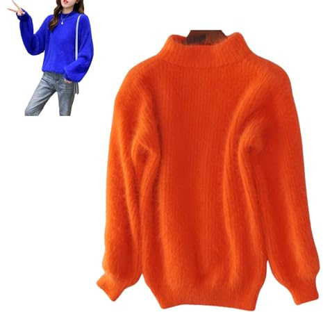 Lady Winter Angora Cashmere Blend Loose Warm Sweater, Solid Color Crewneck Knit Pullover Fluffy Sweater (Orange,One Size)