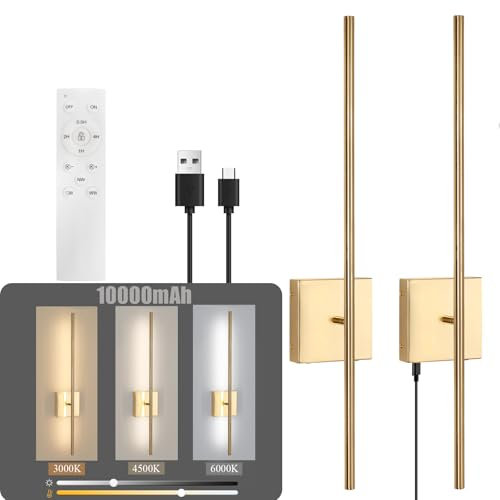 EIDEARAY Battery Operated Wall Lights Indoor, USB Rechargeable LED Wall Lamp with Remote Control, Dimmable Wall Light Wireless, Gold 70CM Modern Wall Sconce for Living Room Bedroom(2 Pack)
