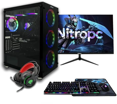NitroPC - Pack Gold Plus v2 | PC Gaming Completo (Intel Core i5 14400 10/16 4.7GHz, RX 6600 8GB, RAM 16GB, M.2 1TB, Windows 11, RGB | WiFi, Monitor 24, Teclado, ratón, Auriculares) PC sobremesa