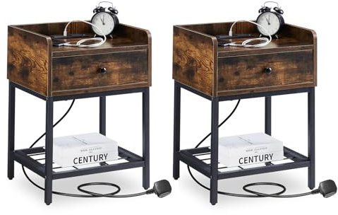 TUKAILAI Nachttisch 2er Set mit Ladefunktion, Nachtschrank mit 2 Schublade, Nachtkasten modern für Wohnzimmer und Schlafzimmer, Beistelltisch Braun 40 x 35 x 57.5 cm