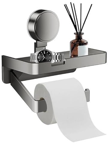 JAMAKALA Suction Cup Toilet Paper Holder,Toilet Roll Holder Wall Mounted,Grey Toilet Paper Roll Holder with Shelf,Rustproof Tissue Roll Holder with Shelf for Bathroom