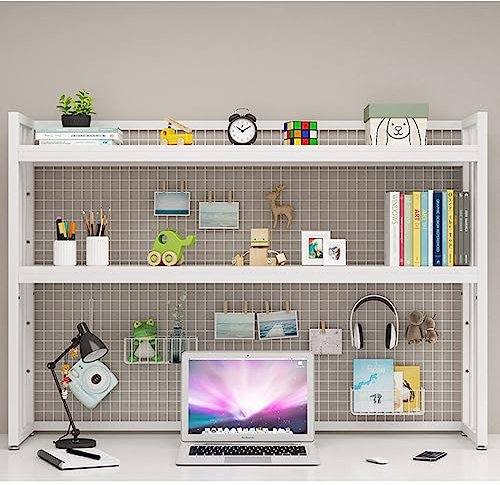 Schreibtisch-Bücherregal, Organizer, Mehrzweck-Stall mit Gitter-Design, Schmiedeeisen, Tischregal, 2 Etagen, Bücherregal, Aufbewahrungsregal für Schlafsaal (Farbe: Grau)