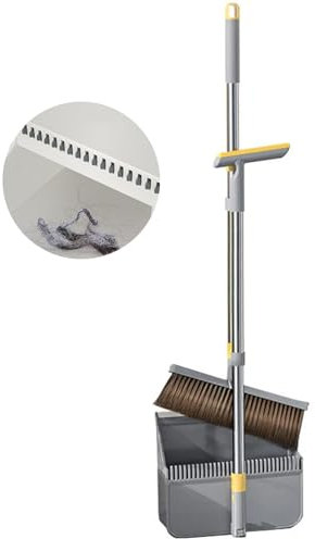 Juego de escoba y recogedor gris multiusos con mango largo para uso en el hogar, cocina, exterior e interior, escoba de grado comercial con peine y recogedor de 15.7 pulgadas