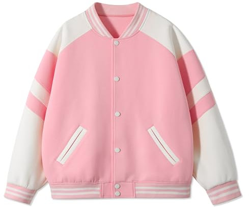 Rolanko Giaccione da Baseball per Ragazze e Ragazzi, Stile Varsity con Taschi Giubbotto da Scuola Giubbotto Bomber per Bambini, Rosa, Taglia: 160, 11-12 anni