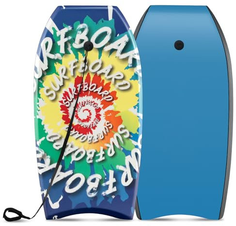 GOPLUS Bodyboard, Schwimmbrett Schwimmboard leicht tragbar für Strand, Meer, Surfboard, Sup-Board mit Handgelenksleine, Surfbrett für Kinder Jugendliche Erwachsene (84cm,Blau+Blume)