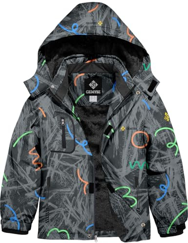 GEMYSE Veste de Ski pour Garçon Enfant Manteau Hiver Chaud Imperméable Coupe-Vent Blouson avec Capuche et Polaire(Lignes Colorées,152-158)