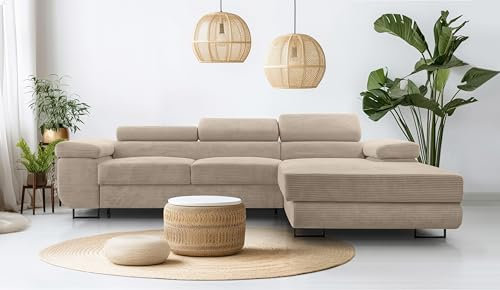 AXLIVING Cord Couch L Form – Arborio 280cm R Ecksofa in Beige mit Schlaffunktion