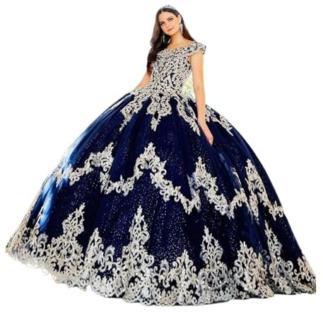 LYHYDMA Vestido de Noche Vestidos de quinceañera Azules, Vestido de Baile con Lentejuelas Brillantes, Tul, Escote Sexy con Espalda Recortada y Encaje.(20W)