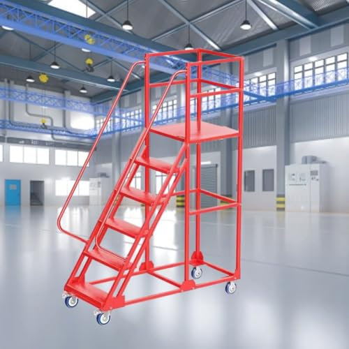 Mofgoe Scala a 6 gradini in Acciaio Standard con Ruote, Scala a pioli per Magazzino con Ruote universali, Scala Mobile con Portata di 340 kg per Magazzino, Camper, casa,Rosso,140 * 60 * 150cm