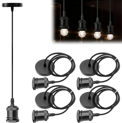 4 Stück Lampenaufhängung E27, Metall Vintage Lampenfassung mit Befestigungsring, Retro Hängeleuchte Pendelleuchte mit Kabel Höhenverstellbar 100cm Textilkabel für Deckenlampe Hängelampe Wohnzimmer