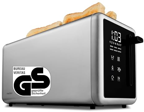 MEDION Tostapane 4 fette con supporto panini (7 livelli, 5 programmi, 1.450 W, 2 fessure lunghe, scongelamento, riscaldamento, cassetto raccoglibriciole, acciaio inox opaco, MD12103) argento