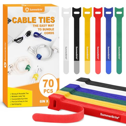 Summerbrite 70PCS Reusable Cable Ties Muliticolor Cable Straps Adjustable Hook and Loop Releasable Cable Tidy Ties Fastening Straps for Home & Office Desk PC Cable Management(12mm x 15cm)
