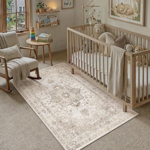 PureCozy Beige Vintage Teppich Wohnzimmer 80x150cm Waschbar | Waschbarer Teppich, Weich Rutschfest, Kurzflor im Retro, für wohnzimmerteppich Schlafzimmer Esszimmer, Carpet Teppiche