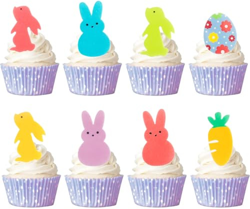 Gleevio 48 Stück Esspapier Ostern Tortendeko Hase Cupcake Deko Essbar, Osterdeko Torte, Muffin Deko Ostern Kuchendeko Hase Bunt, Karotte Ostereier Tortendeko für Osterparty Frühlingsparty Babyparty