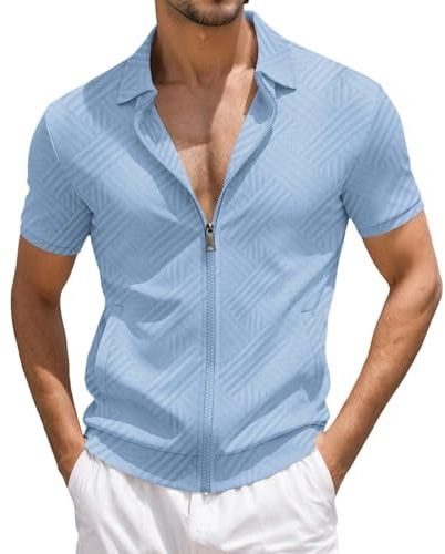 EODJXIO Maglia Uomo Casual con Cerniera a Maniche Corte in Tessuto Jacquard Leggero e Traspirante per Comodo Elegante Magliette Cotone Maglie Basket Camicie Jeans Slim Fit