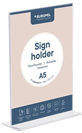 Europel Tischaufsteller Acryl, T-Form DIN A5 Hochformat, Menükartenhalter, Schilderhalter, Werbeaufsteller