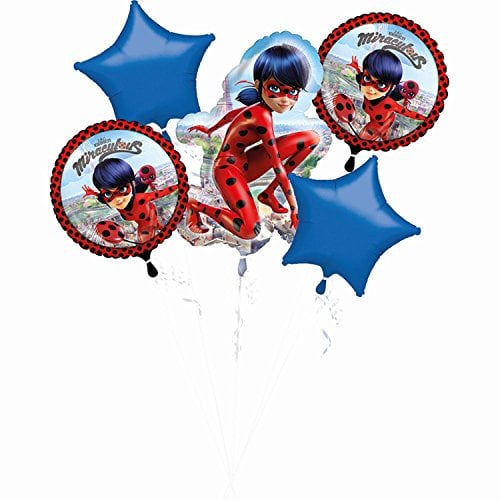Amscan 3796501 Lot de 5 ballons en aluminium Miraculous Ladybug Cadeau