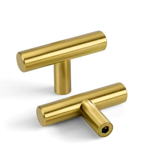 LONTAN 5 Pack Brass Cupboard Door Knobs Gold Drawer Knobs Gold T Bar Handle Drawer Pull