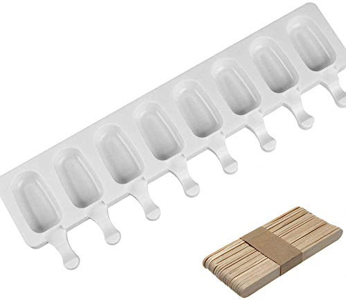 YONII Moldes para paletas Hechos en casa, moldes para paletas de Hielo congelado de Silicona 8 cavidades Set Molde de Helado con 50 palitos de Madera Oval DIY Heladera
