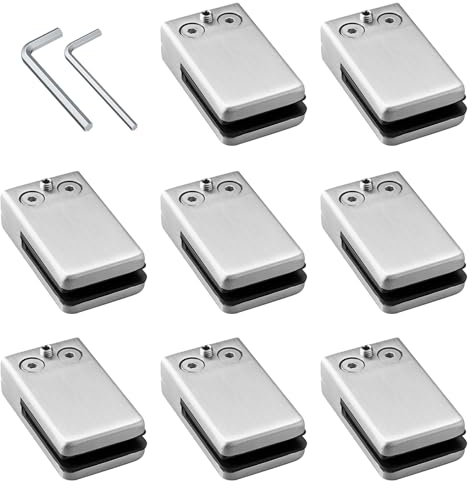Kamtop 8 Pcs 6mm-8mm Glass Clamps, 304 Stainless Steel Square Glass Clamp, Glass Clip Holder Adjustable Glass Bracket Flat Back for Balustrade Handrail Staircase Stair Railing Glazing, Polished