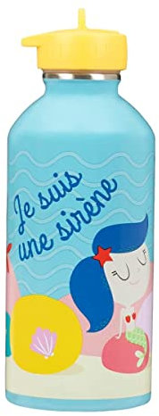 Gourde enfant Acier inoxydable DRAEGER PARIS - Facile à nettoyer - gourde réutilisable - Idéale pour parc, école - Contenance 300ml - 17 cm x 6,5 cm - Bleu - Message inscrit : Je suis une sirène