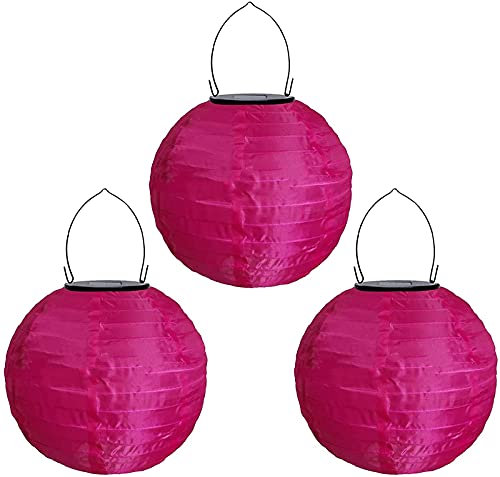 Yeehliny Solar Lampions Außen Wetterfest Solar LED Laterne Wasserdicht Nylon Garten Laterne Solarlaterne für außen Hängend Solarlampiongs Runder Lampenschirm Garten Deko Außendeko (30cm/3PCS/Pink#)