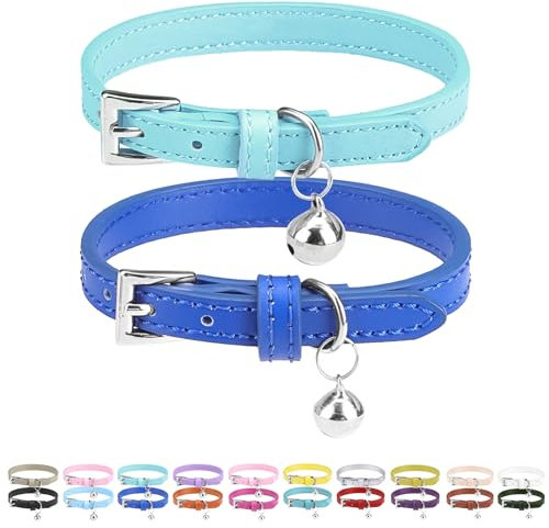 PUPTECK 2 Stück weiches Leder Katzenhalsband mit Glocke for Kätzchen Orange, lila, schwarz, Khaki, blau, Rosenrot 22,1-26 cm
