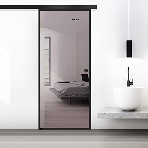 BOSS Black Porta Scorrevole in vetro modello CONFORT 90x215 cm (60/80/90 cm) 8 mm, vetro Bronzo, Nano rivestito nero, kit hardware complete nero opaco (90x215 cm, SINISTRA)