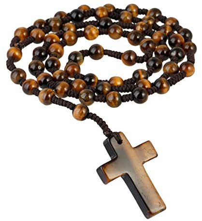 Nupuyai Tiger's Eye Crystal Stone Bead Cross Pendant Necklace for Men Women, Catholic Rosary Hand Knotted Necklace 62cm