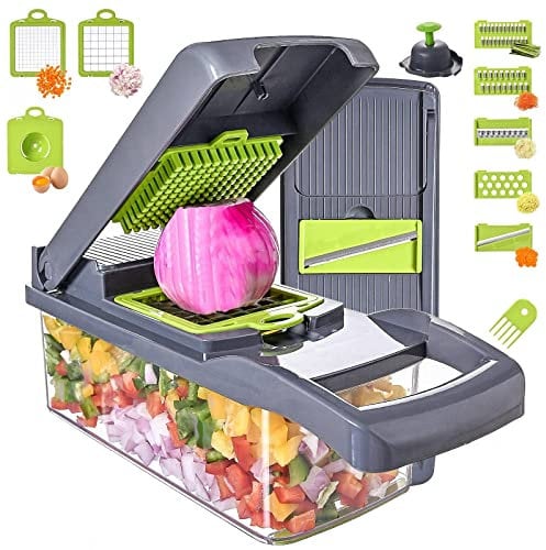 Vegetable Chopper Dicer 13-in-1 with 7 Blades Veggie Chopper with Container Onion Cutter Mandoline Slicer for Kitchen Egg Cheese Fruits Salad Potato Carrot Garlic (Grey)