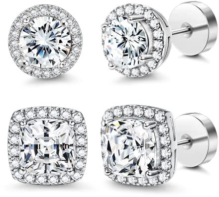 Morfetto 14 K Posteriore piana rotonda piazza Orecchini con perno per le donne degli uomini di grandi dimensioni Big Cubic Zirconia Orecchini con perno Mens orecchini Flatback orecchini Argento